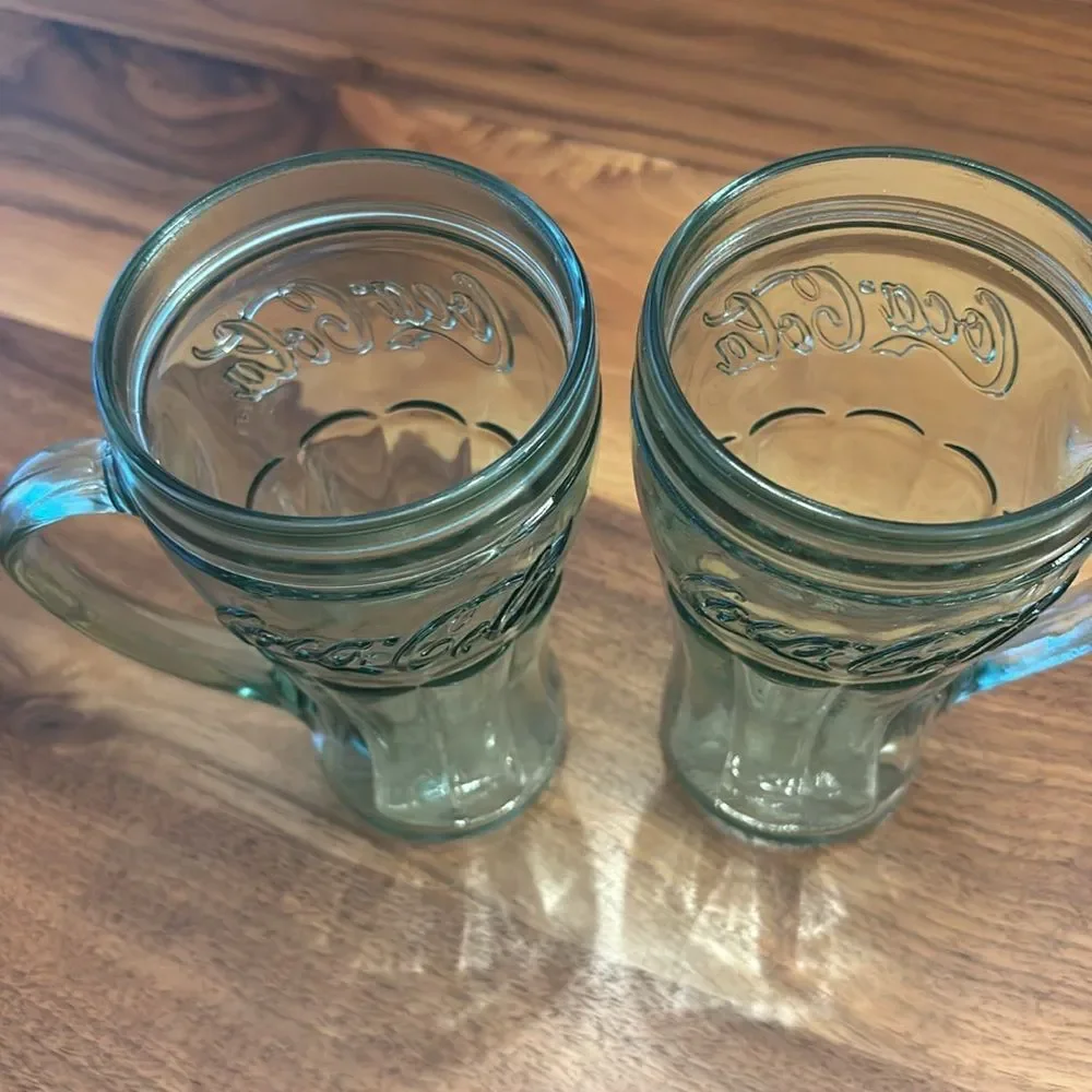 Coca Cola Coke Set of Heavy Green Glasses Handle 12 ounce Made in USA By Libby